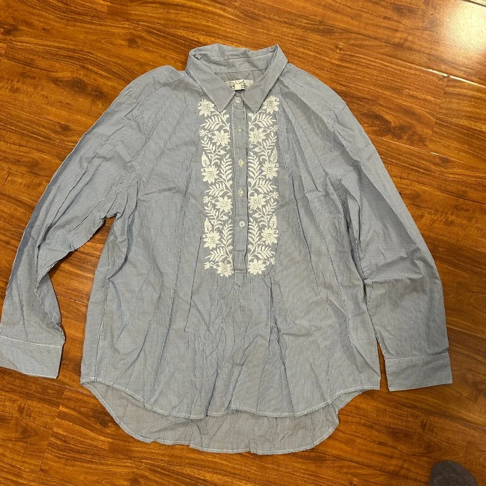 Women's Blouse Blue‎ White Stripe Long Sleeve 100% Cotton Floral Embroidery XL